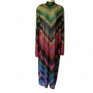 AFRM Shailene Revolve Mesh Maxi Dress 3X Rainbow GreekKey Mock Neck Long Sleeve